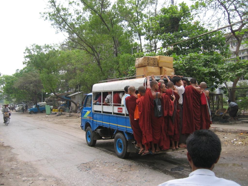Monks on a truck in Myanmar