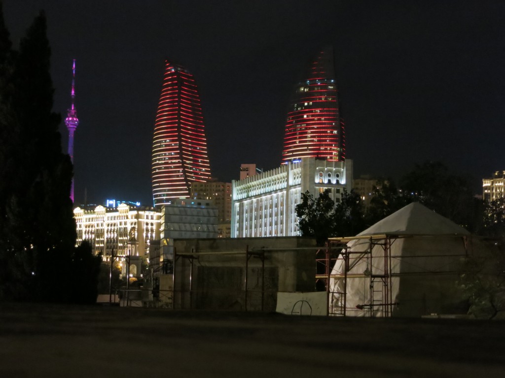 Flame Towers at night